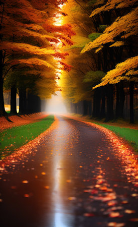 Autumn road in the forest with colorful leaves and sunbeamsの素材