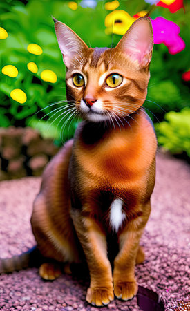 Beautiful Abyssinian cat sitting in the garden. selective focus.の素材
