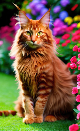 Beautiful red Maine Coon cat sitting on the grass in the gardenの素材