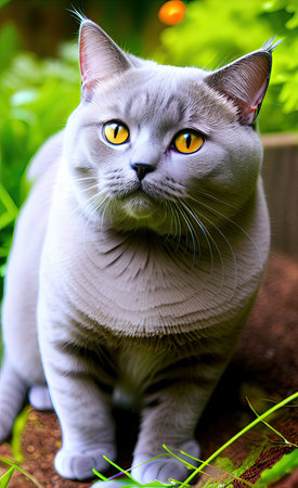 Portrait of a beautiful blue british cat with yellow eyesの素材
