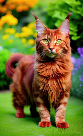 Beautiful red maine coon cat with green eyes standing in the gardenの素材
