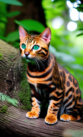 Bengal cat with green eyes sitting on a tree in the gardenの素材