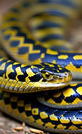 Close up of a yellow and black python (Python reticulatus)の素材