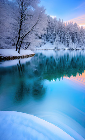 Beautiful winter landscape with snow-covered trees and blue lake at sunsetの素材