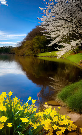Spring landscape with daffodils and cherry blossoms in the parkの素材