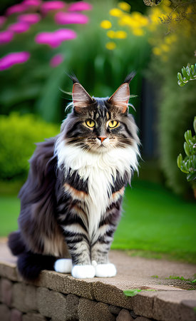 Beautiful long-haired maine coon cat in the gardenの素材