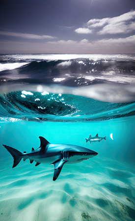 Great white shark swimming in the ocean. underwater landscape. 3D Renderingの素材