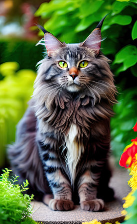 beautiful long-haired siberian cat on a green backgroundの素材
