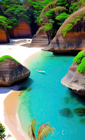 Tropical beach with turquoise water and sandstone cliffsの素材