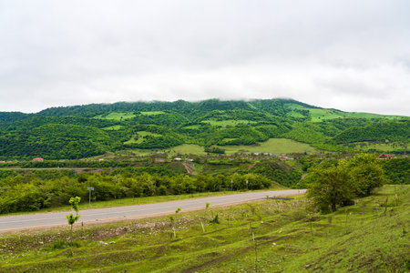 Asphalt road in the green mountainsの写真素材