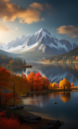 Beautiful autumn landscape with lake and mountains. Colorful autumn scene.の素材