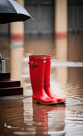 Red rubber boots and umbrella in puddle after rain. Shallow DOFの素材