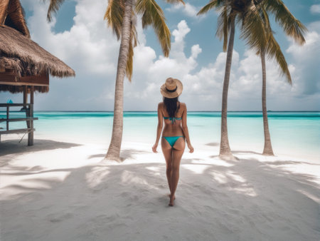 Woman in bikini on tropical beach at Maldives. Summer vacation conceptの素材