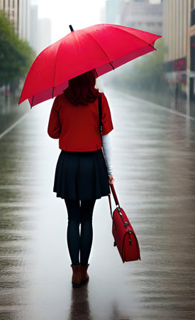 Young woman with red umbrella walking on the street in rainy day.の素材