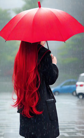 Woman with red hair and umbrella in the rain, outdoor shot.の素材
