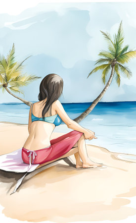 Illustration of a girl sitting on a surfboard on the beachの素材