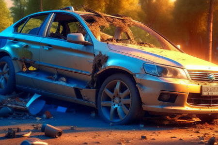 Broken car on the road. Broken car after a violent accidentの素材