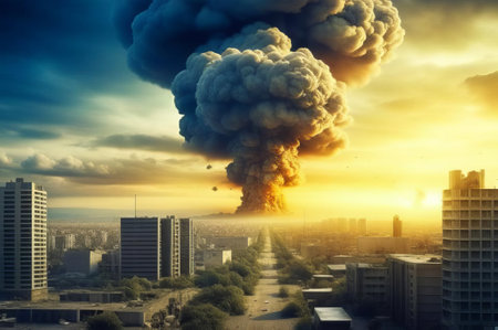 Big explosion with smoke over the city at sunset. 3d renderingの素材
