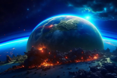 3D rendering of planet Earth in space with smoke and fire.の素材