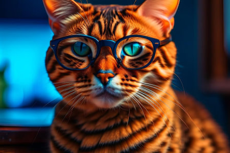 Portrait of bengal cat in glasses. Close-up.の素材