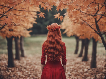 Redhead girl in red dress and crown of leaves in autumn parkの素材