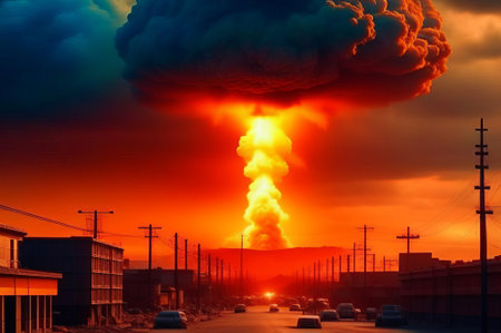 Volcanic eruption in the city at sunset. Nuclear disaster.の素材