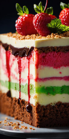 Piece of chocolate cake with strawberries on a black background, closeupの素材