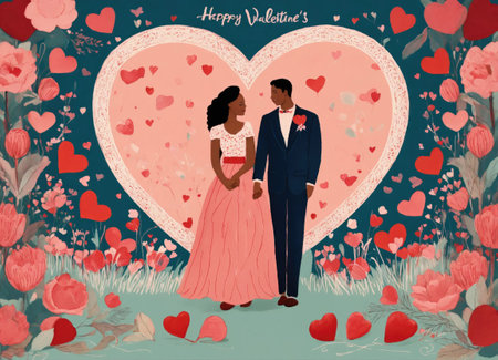 Valentine's day greeting card with bride and groom. Vector illustration.の素材