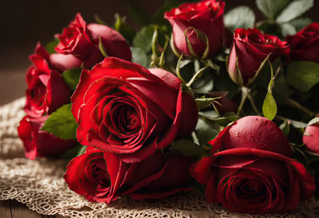Bouquet of scarlet roses on the tableの素材