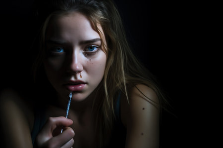 Young woman with a syringe in her hand on a black backgroundの素材