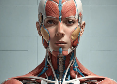 3D rendering of a female medical figure with muscles and circulatory systemの素材
