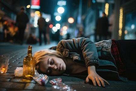 sad young woman with bottle of alcohol sleeping on street at nightの素材