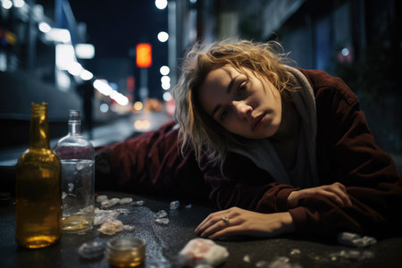 Sad young woman with alcohol addiction lying on the street at night.の素材