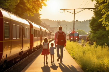 father with son and daughter near train at the station in the rays of the setting sunの素材