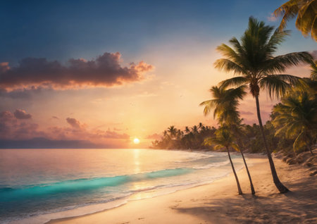 Tropical beach at sunset with palm trees and turquoise waterの素材