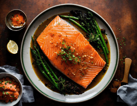 salmon fillet with asparagus and lemon on rustic backgroundの素材