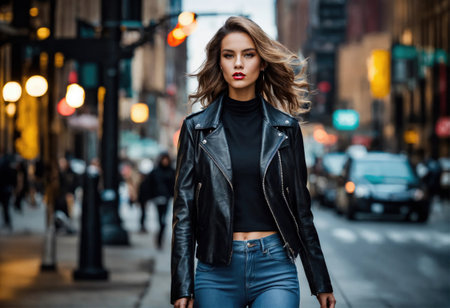 Beautiful young woman walking in New York City, wearing black leather jacket and blue jeans.の素材