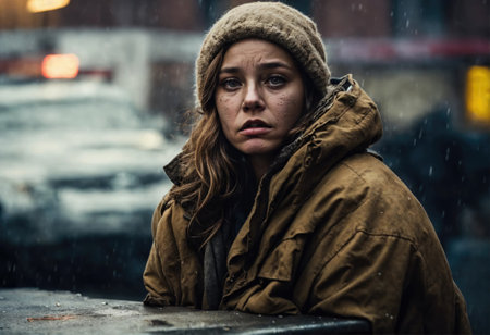 Beautiful sad young woman in a raincoat with a hood on her headの素材