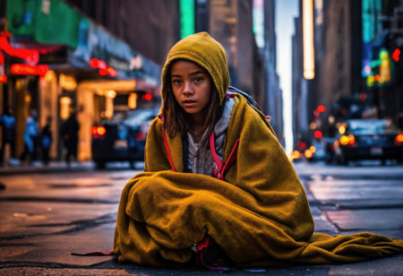 Young woman sitting on the street in New York City, USA.の素材