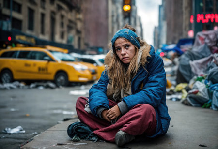Homeless beggar sitting on the street in New York City, USAの素材