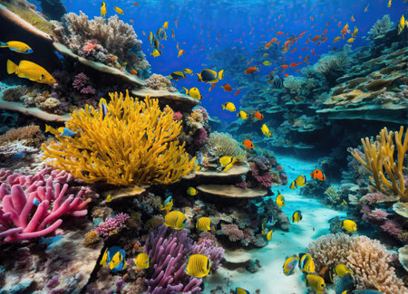 Coral reef with color tropical fish. Unique ocean ecosystem. Colorful desktop wallpaperの素材
