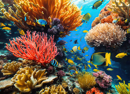 Coral reef with color tropical fish. Unique ocean ecosystem. Colorful desktop wallpaperの素材