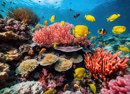 Coral reef with color tropical fish. Unique ocean ecosystem. Colorful desktop wallpaperの素材