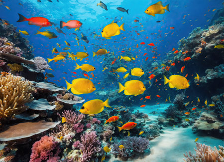Coral reef with color tropical fish. Unique ocean ecosystem. Colorful desktop wallpaperの素材