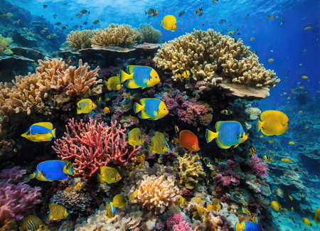 Coral reef with color tropical fish. Unique ocean ecosystem. Colorful desktop wallpaperの素材