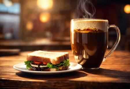 Cup of hot coffee with sandwichの素材