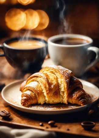 Cup of hot coffee with croissantの素材