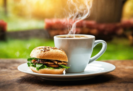 Cup of hot coffee with sandwichの素材