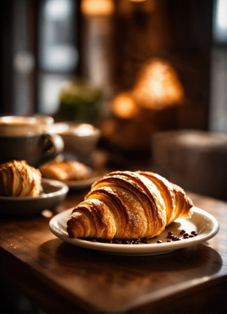 Cup of hot coffee with croissantの素材