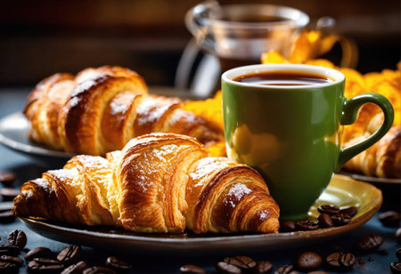 Cup of hot coffee with croissantの素材
